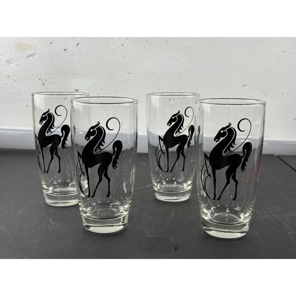 Vintage Prancing Black Horse Silhouette Clear Glass Tumblers Set of 4 MCM